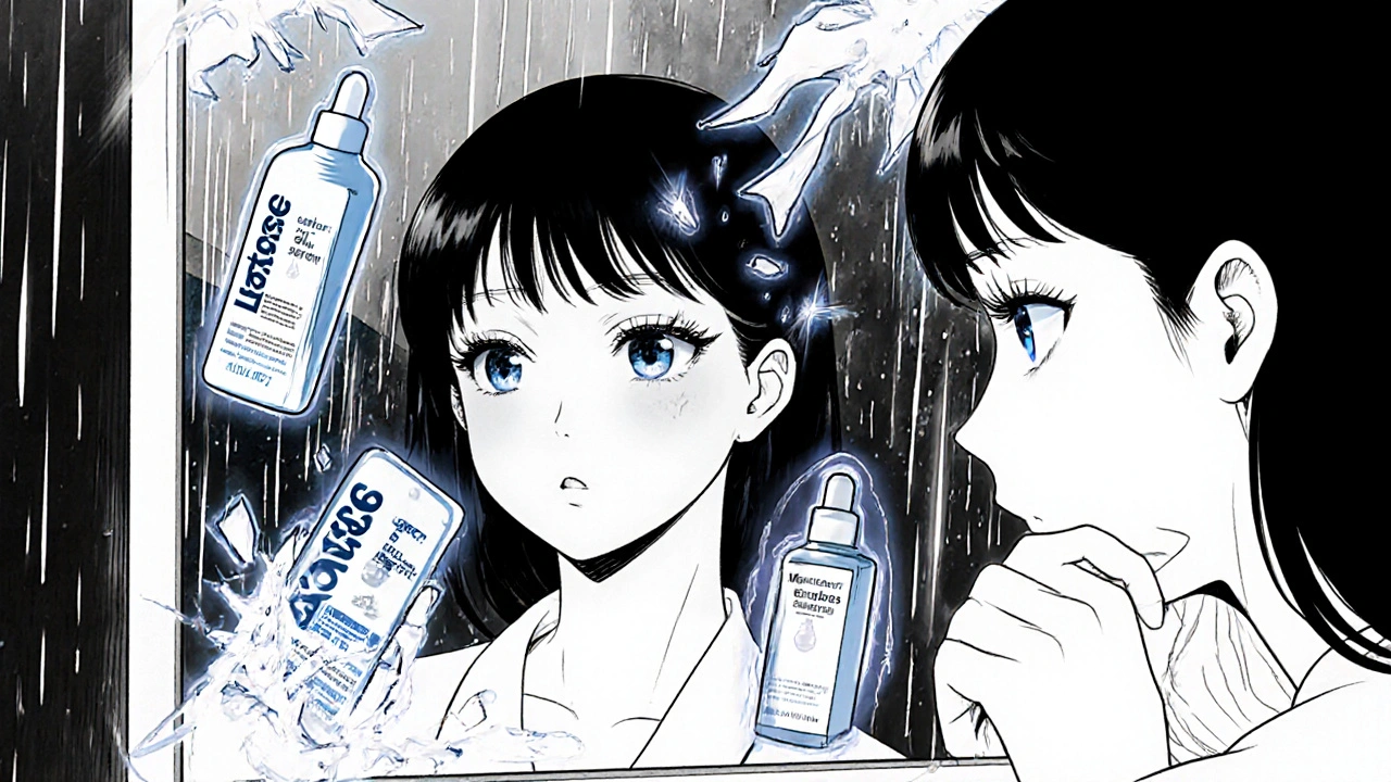 Nainen katselee peiliin, jossa Latisse hajoaa ja vaihtoehdot hengittävät.