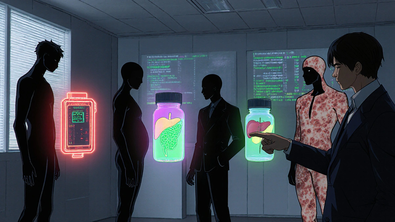 Neljä riskihahmoa – sydänmonitori, raskaana oleva nainen, maksa ja ihorashko – seisoo lääkepillereiden vieressä.