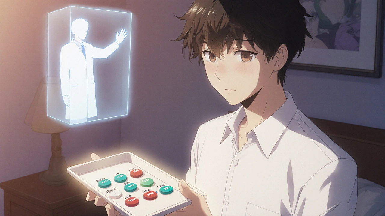 Nuori poika harkitsee pillereitä, hologramminen lääkäri neuvoo.