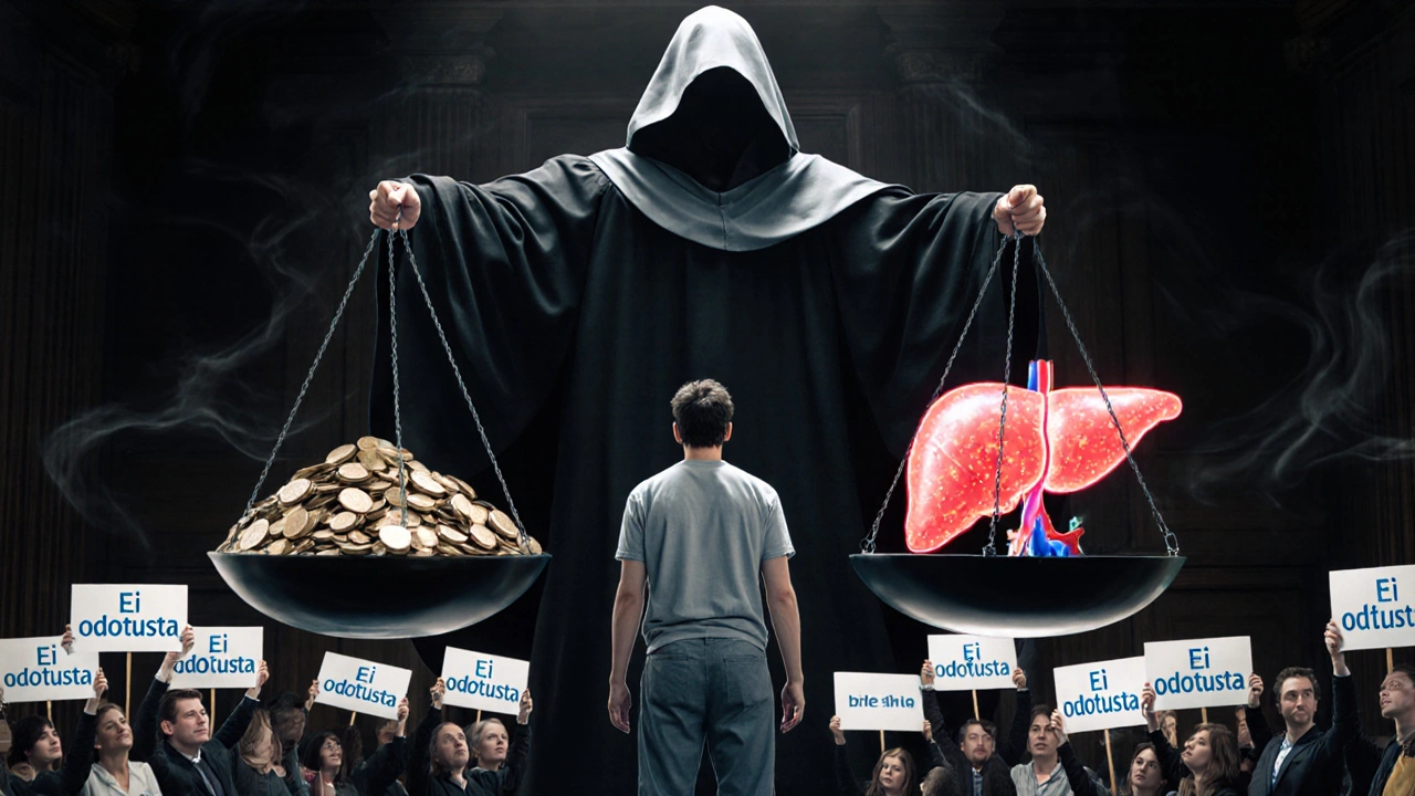 Oikeustunnistus: vaaka, jossa eurot vastaan terve maksan valo, potilas seisoo voitollisena.