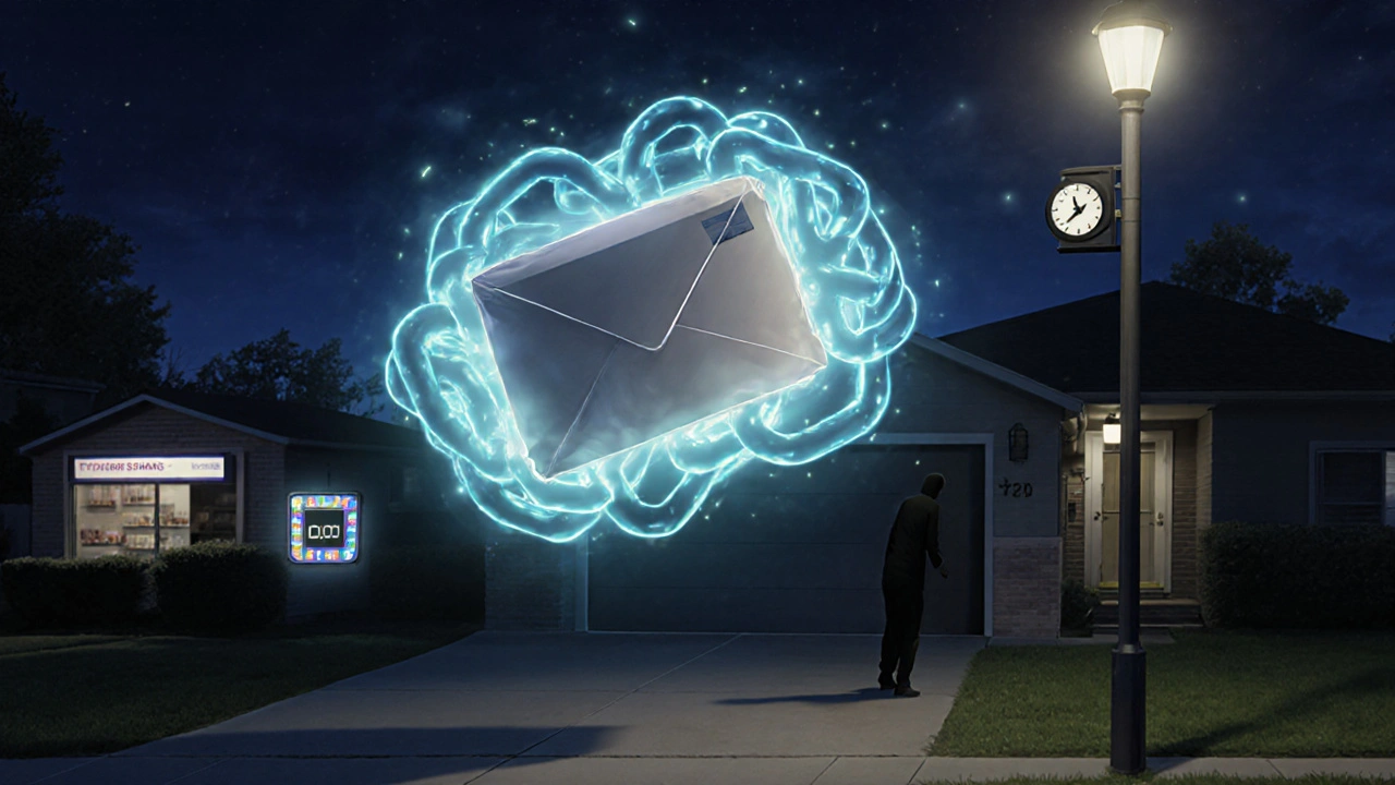 Postipaketti, jota ympäröi blockchain-haale, ja joka liikkuu kohti talon ovea yöllä.