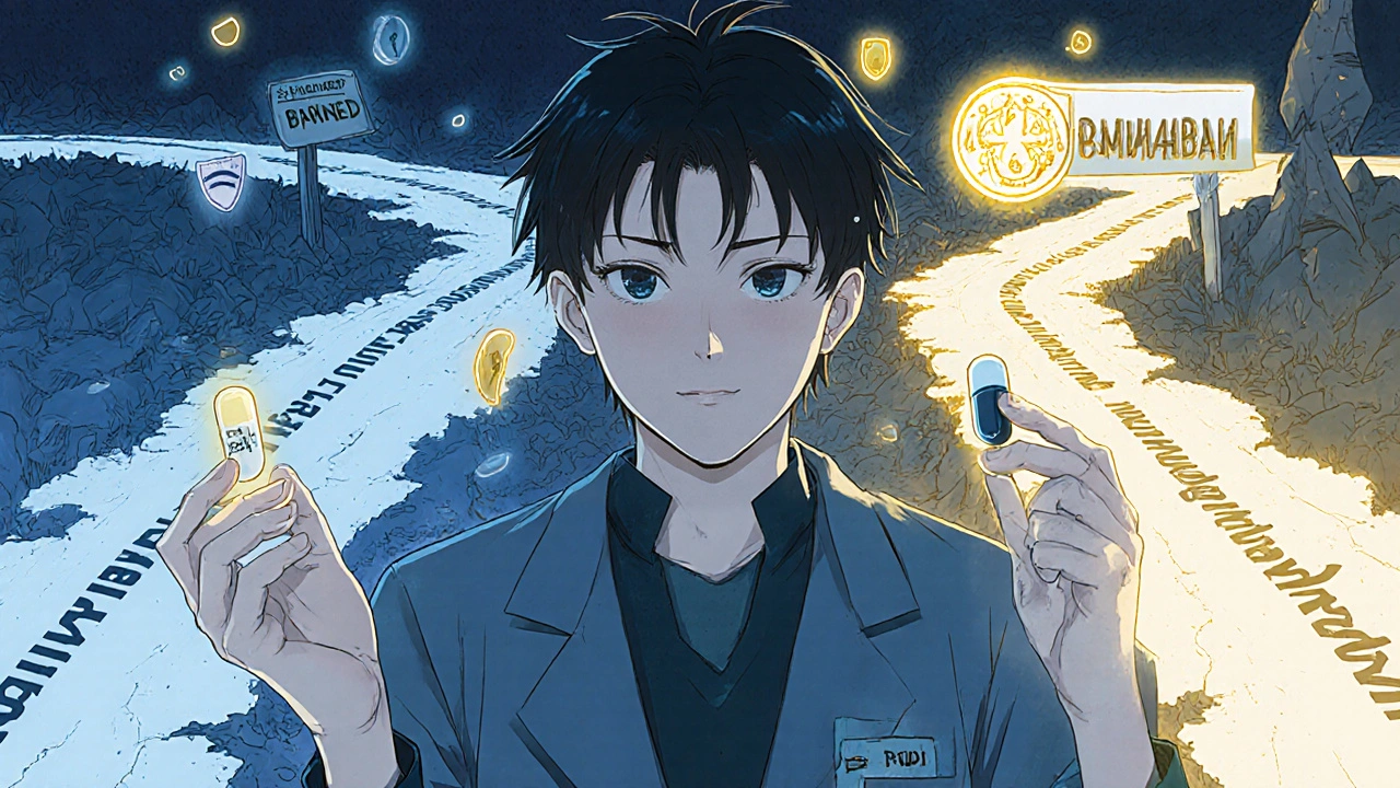 Potilas pitää käsissään famotidiinia ja PPI-kapselia, kahden polun välissä.