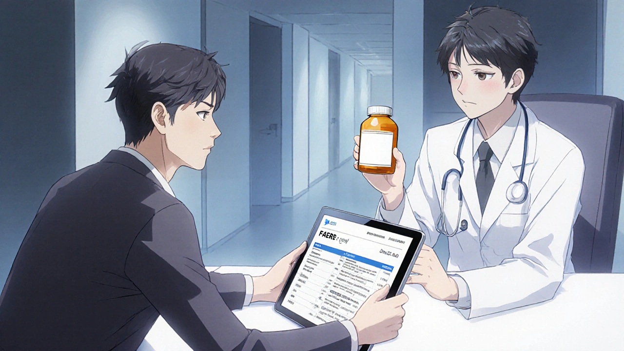 Potilas pitää lääkepulloa mustalla kehysrajalta, lääkäri osoittaa hologrammista FAERS-raporttia.