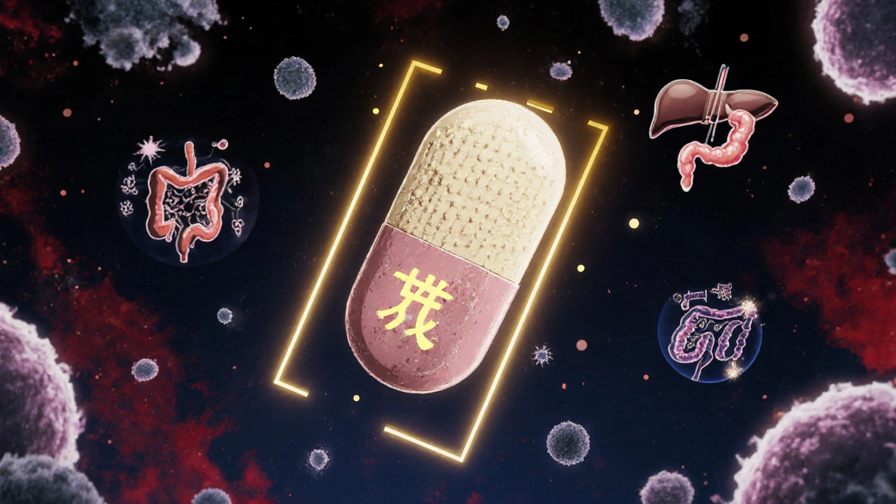 Rifaximin-tabletti keskellä taistelua bilehappomolekyylien ja bakteerien vastaan, kevyt kultainen suojakalvo.