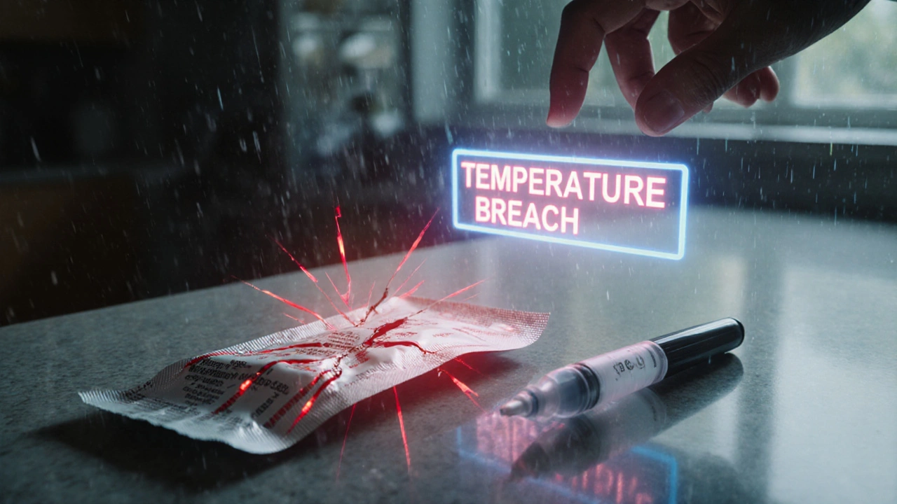 Rikkinäinen lääkkeitä sisältävä paketti, jossa näkyy punaiset varoitukset ja FDA-hologrammi.