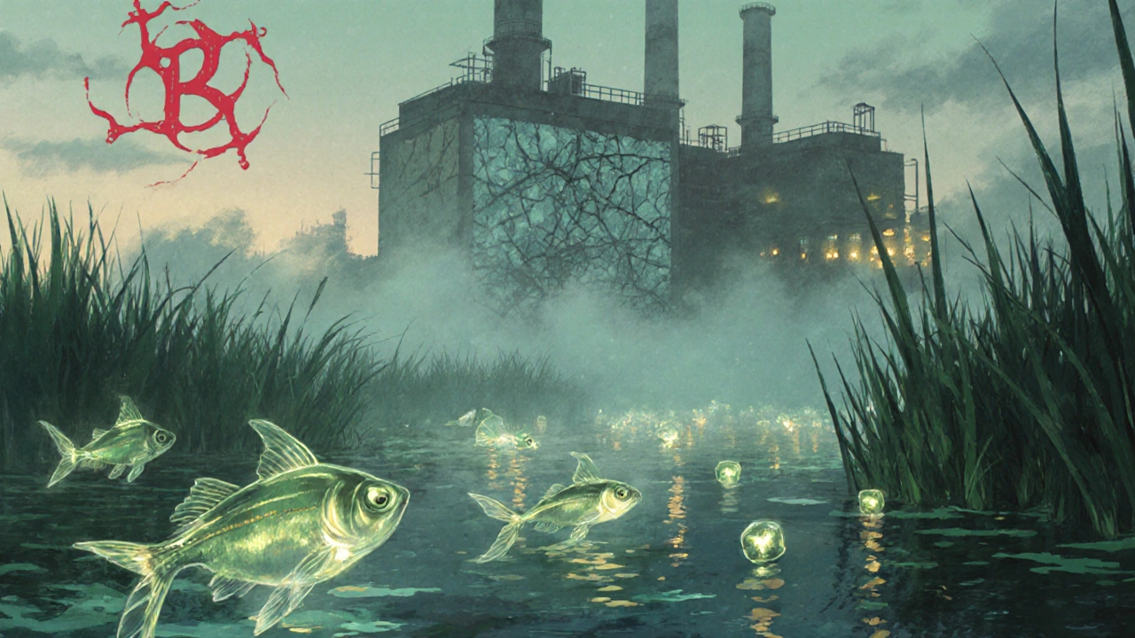 Suomen joki, jossa bilastini-molekyylit kelluvat kalojen ympärillä, vesi on saastunut ja kalat näyttävät outoilta.