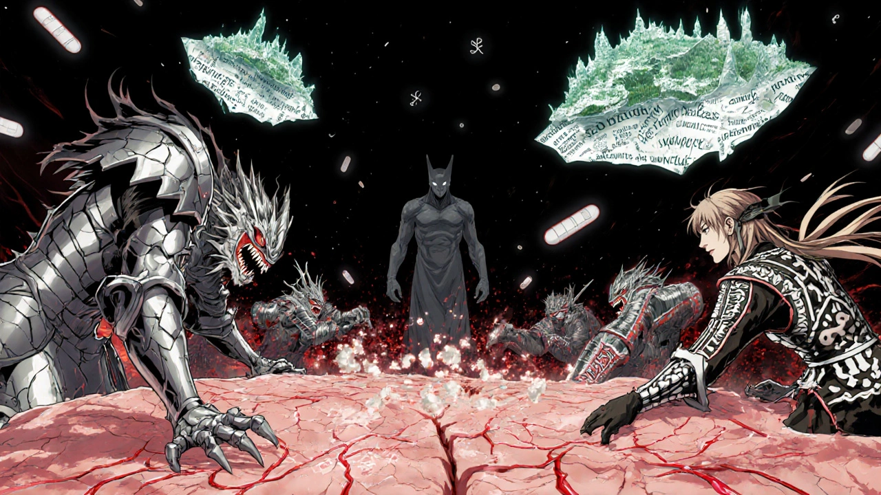 Symbolinen taistelu iho- ja alikudoksen tasolla: clindamyciini-voimat torjuvat bakteereita, C. difficile vaarantaa taistelun.