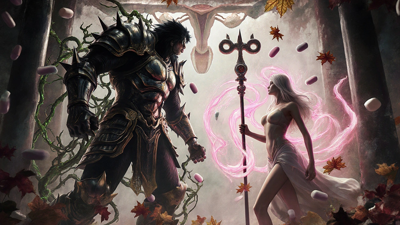 Symbolinen taistelu PCOS-hormoneja ja medroxyprogesteronia vastaan anatomisessa temppelissä.