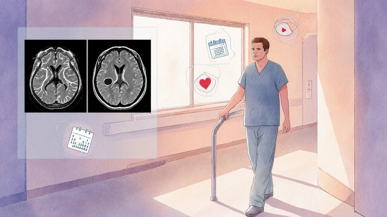 Toipuva potilas kävelee sairaalan käytävässä, taustalla läpikäynti‑MRI.