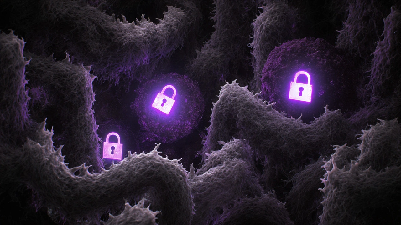 Tumorin tiheä mikroyhteistyö, kimaltelevat tarkistusproteiinit ja estävät immunosolut anime‑tyyliin.