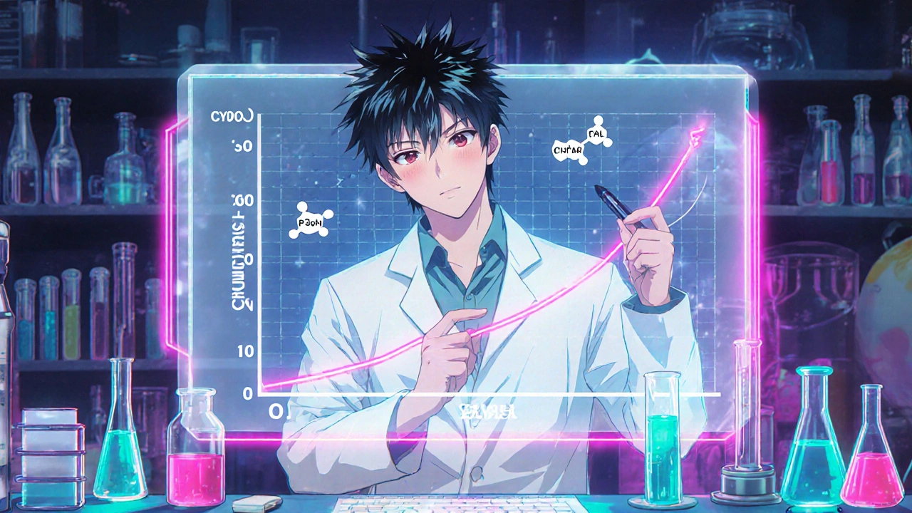 Tutkija analysoi AUC-kaaviota ja molekyylejä laboratorioympäristössä.