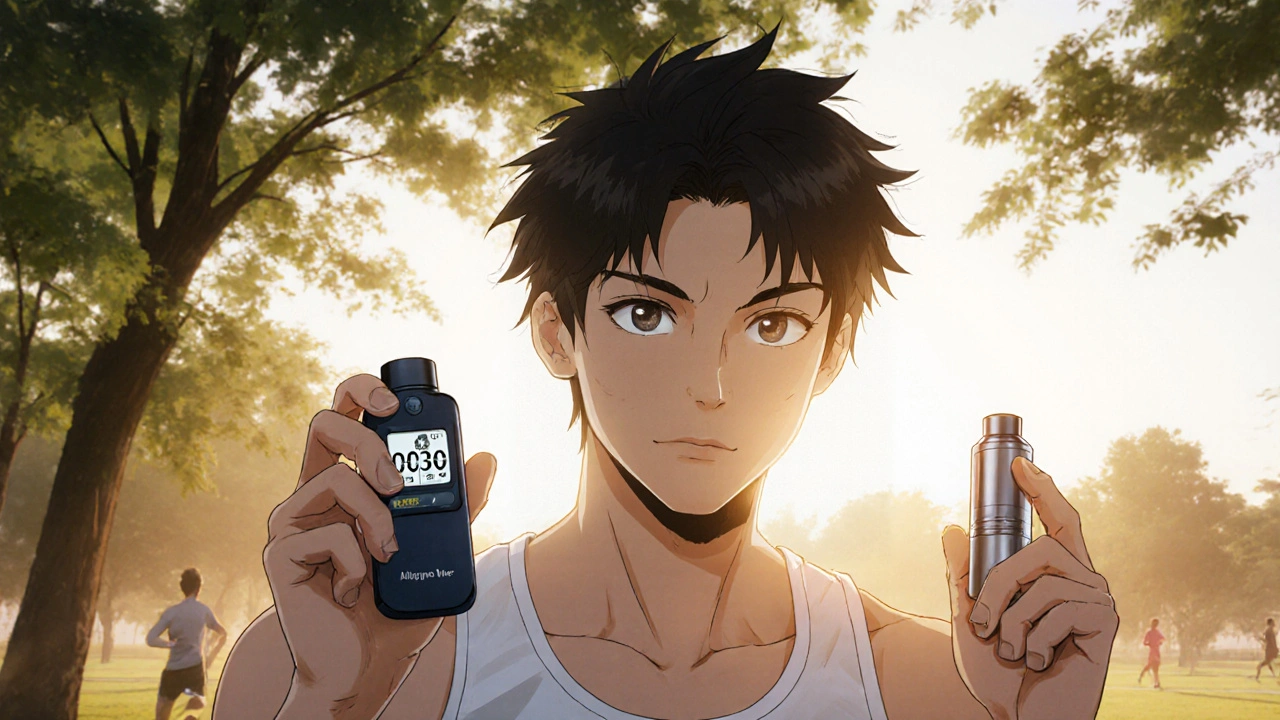 Urheilija tarkistaa huippuvirtausmittarin onnistuneen treenin jälkeen.