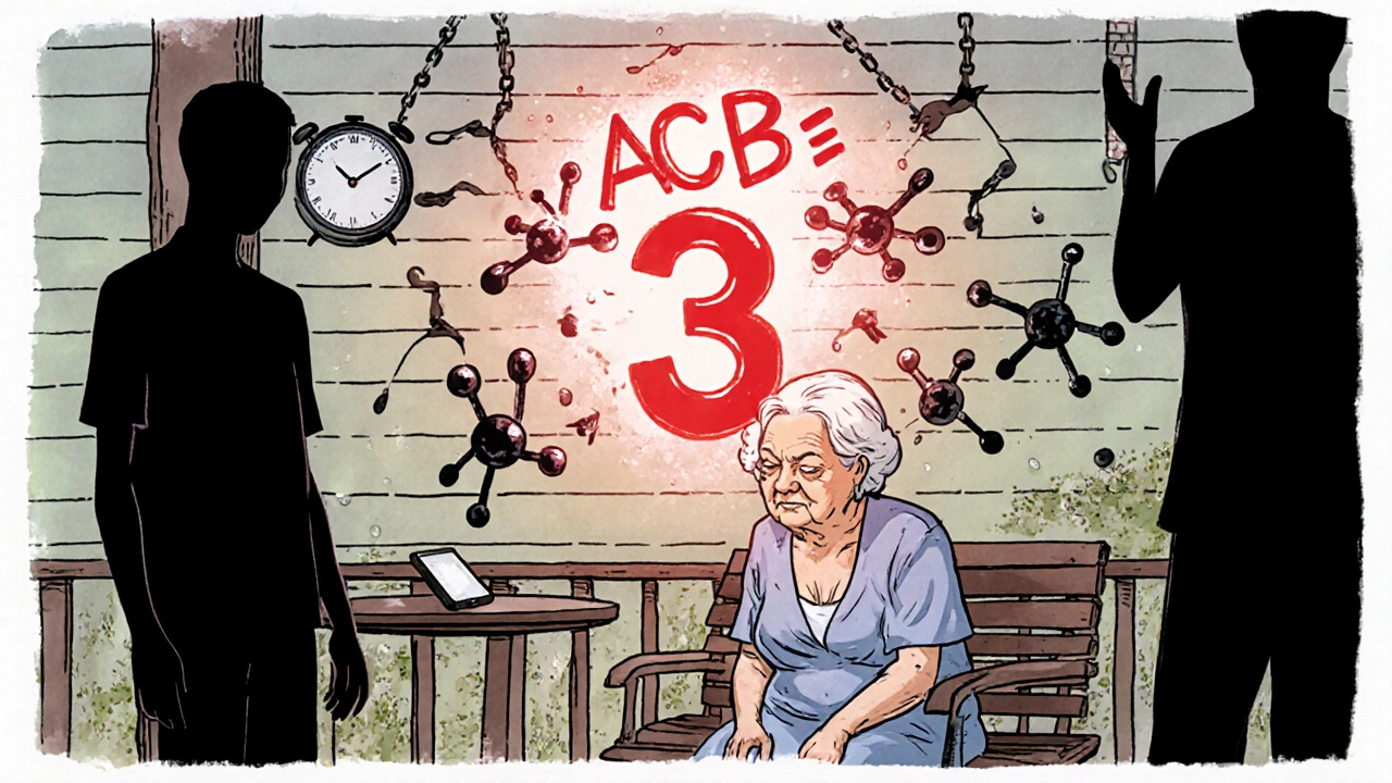 Vanha nainen istuu paikallaan kuumassa säähässä, hikoilu estettynä, viereen jäänyt puhelin.