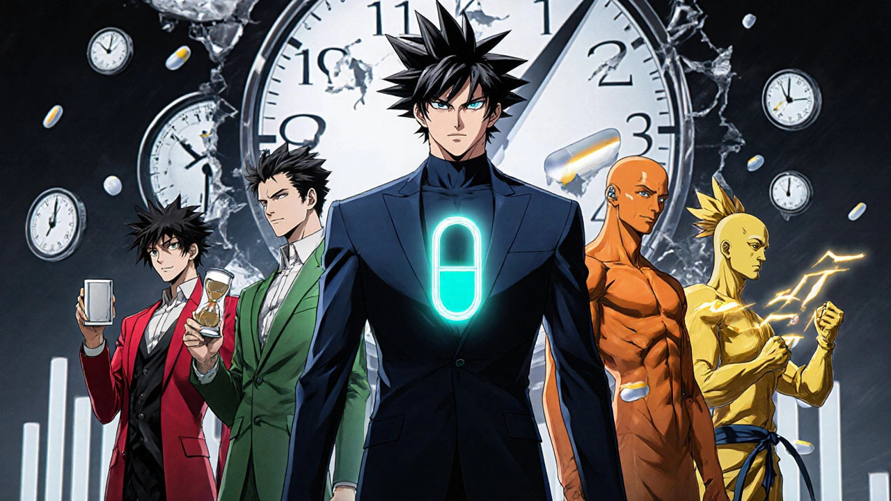 Viisi anime‑hahmoa esittelevät eri erektio‑lääkkeitä taustalla kelloja.