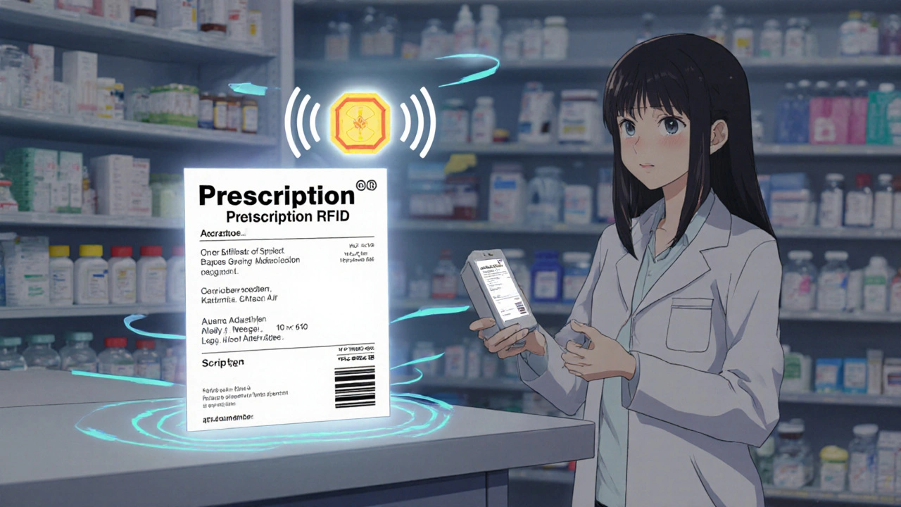 Apteekissa kaksi reseptimerkintää rinnakkain: normaali ja suuret kirjaimet, RFID-chip lähettää ääniä.