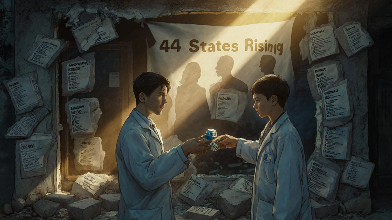 Crumbing pharmacy under MAC list stones, with a pharmacist giving a cash-paid pill to a child as state lawmakers stand guard.