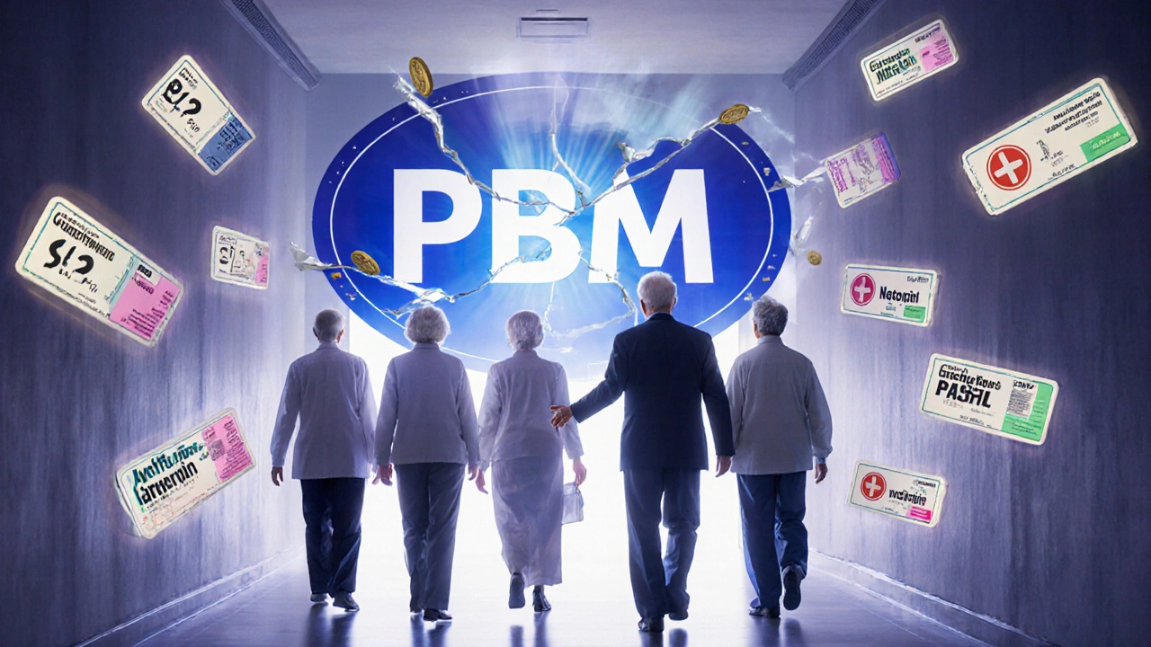 Elderly patients walking past floating  generic drugs in a glowing corridor, with a cracking PBM logo revealing light.