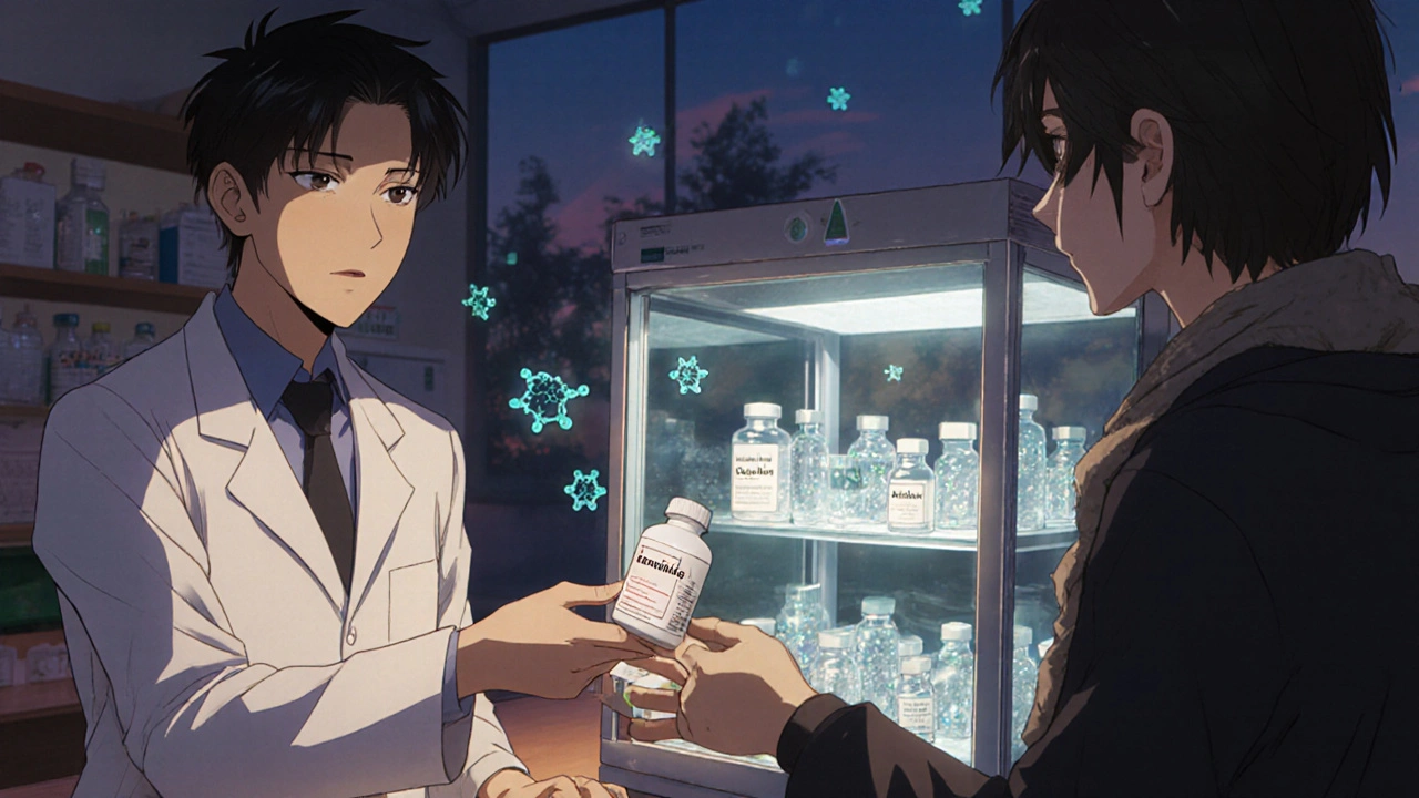 Finnish apoteekki, jossa apothekari antaa potilaalle generiikan ja biosimilaarit jääkaapissa.