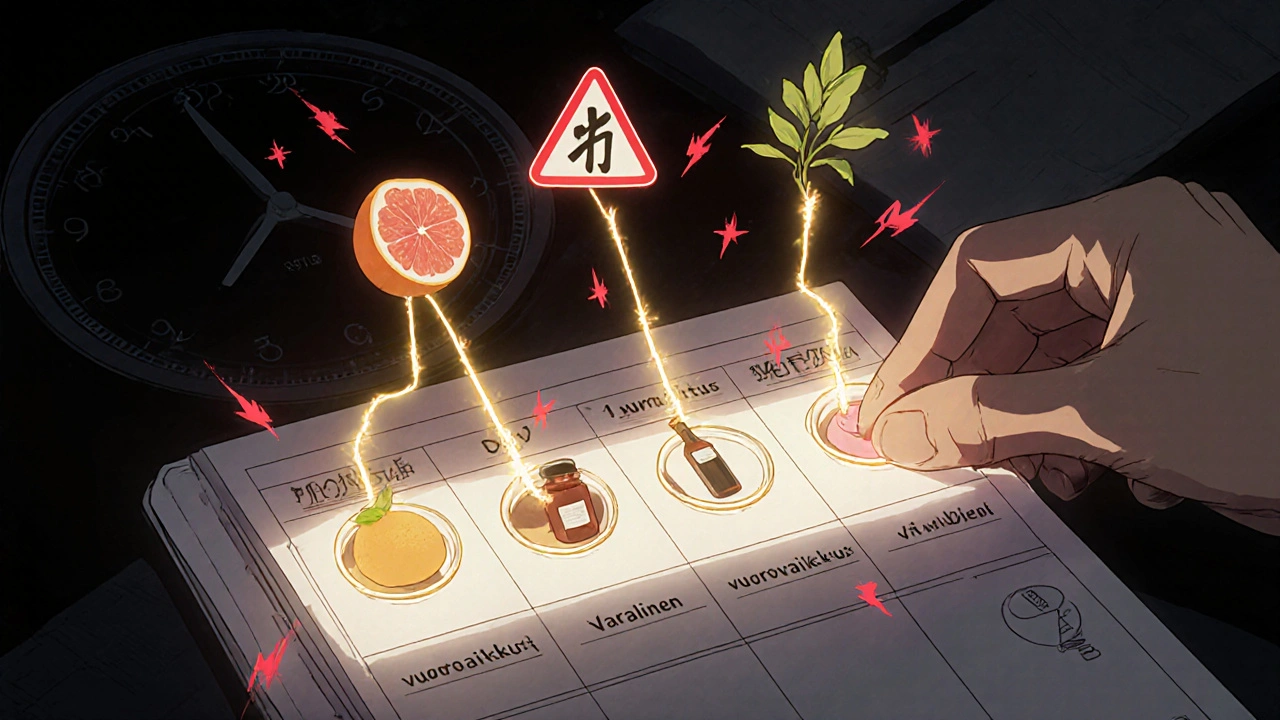 Käsi laittaa tablettia viikkojärjestelyyn, ympärillä vaaralliset vuorovaikutukset.