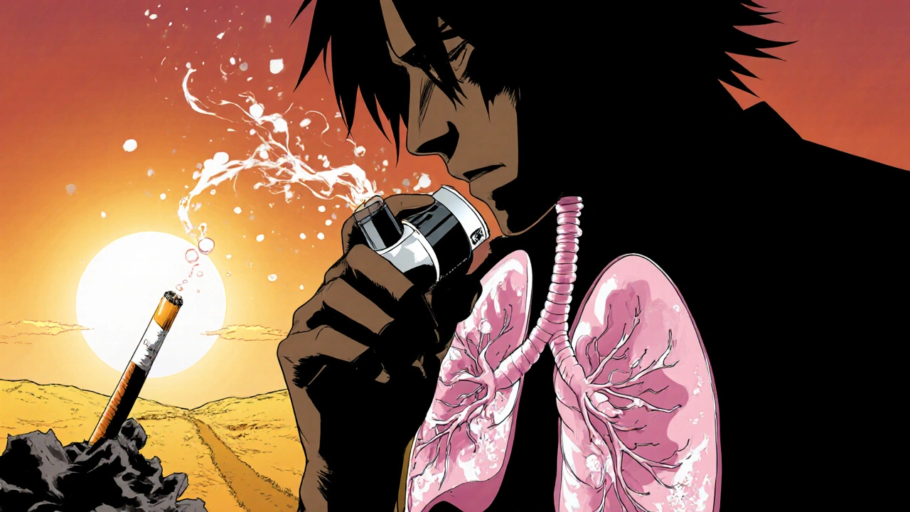 Käsi pitää hengityslaitetta, josta virtaa valoa keuhkoihin.