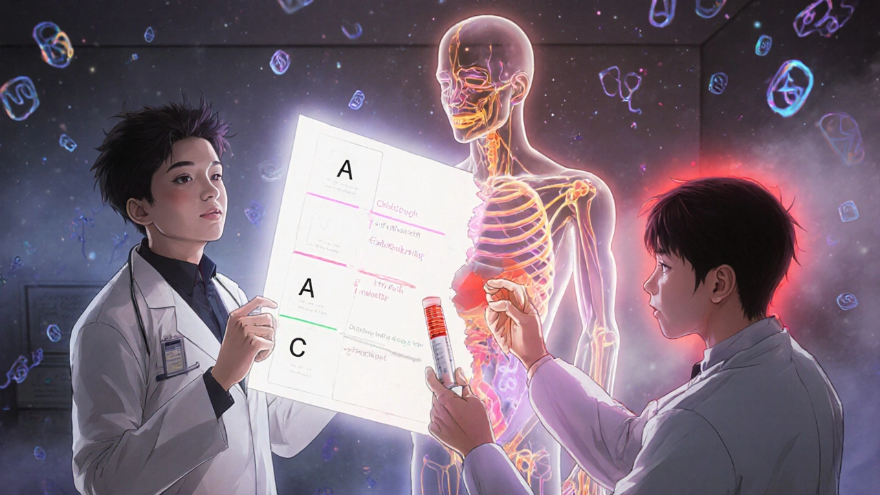 Lääkäri tarkastelee Child-Pugh-luokittelua, joka näyttää maksan toiminnan heikkenemisen.