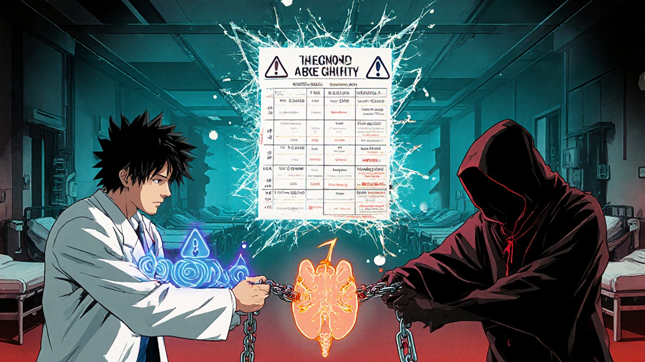 Lääkärin ja ashwagandha-hengen välinen taistelu kilpirauhashormonien ylläpitämisessä, kuvattuna kahden ketjun vetäjänä.