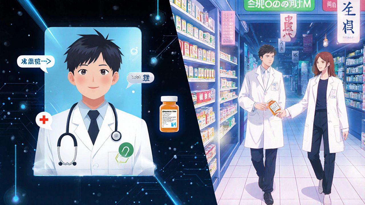 Matkustaja keskustelee videolla lääkärin kanssa, samalla kun hän saa lääkkeen apteekista.