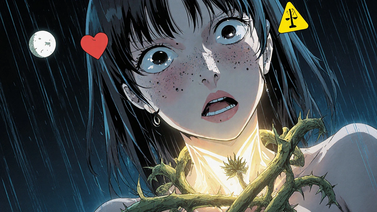 Nainen kokee hyperthyroidean oireita: sydämen lyöntien nopeutumista, hikoilua ja unettomuutta, ashwagandha-kasvi kiinnittyy hänen kurkkuunsa.