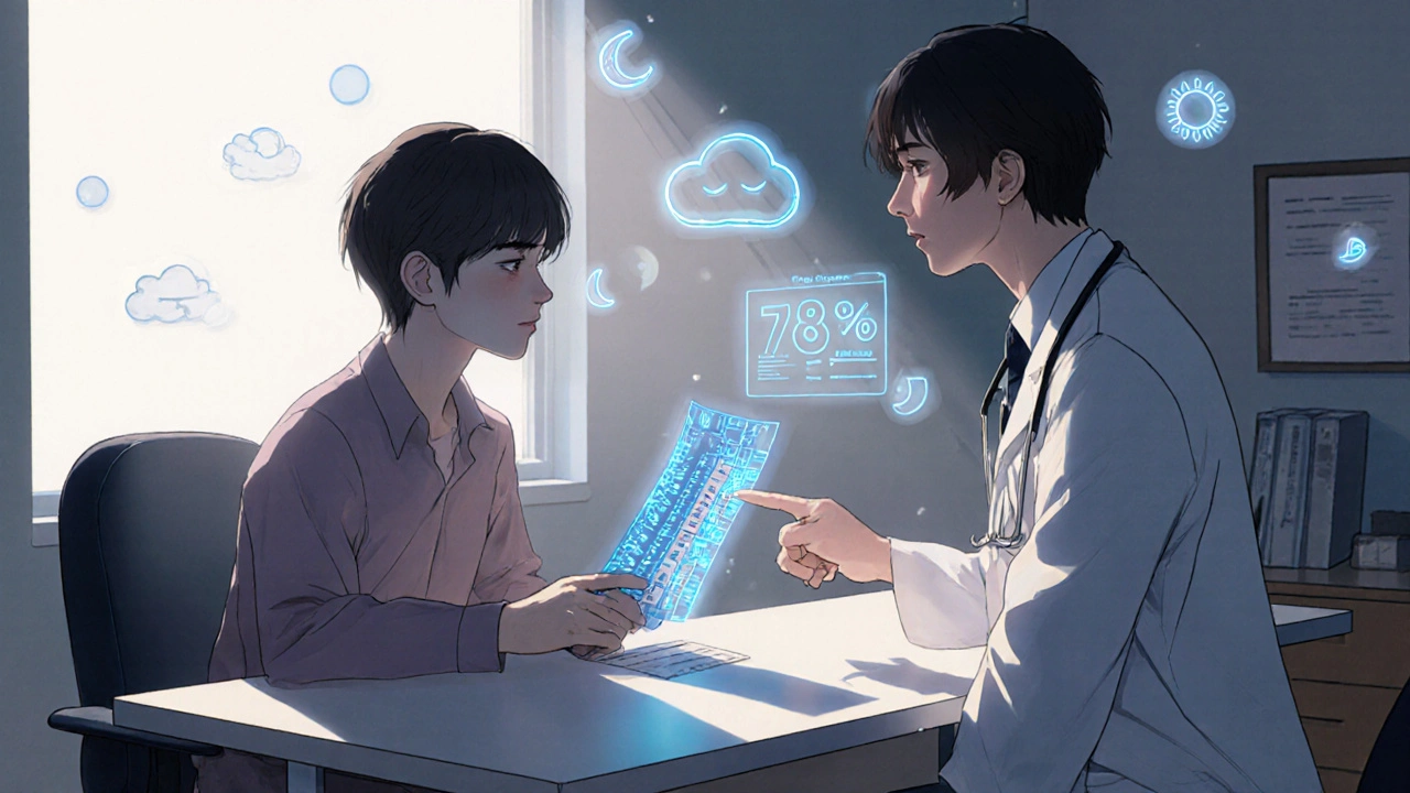 Potilas ja lääkäri tarkastelevat geneettistä testitulosta holografisella kaaviolla.