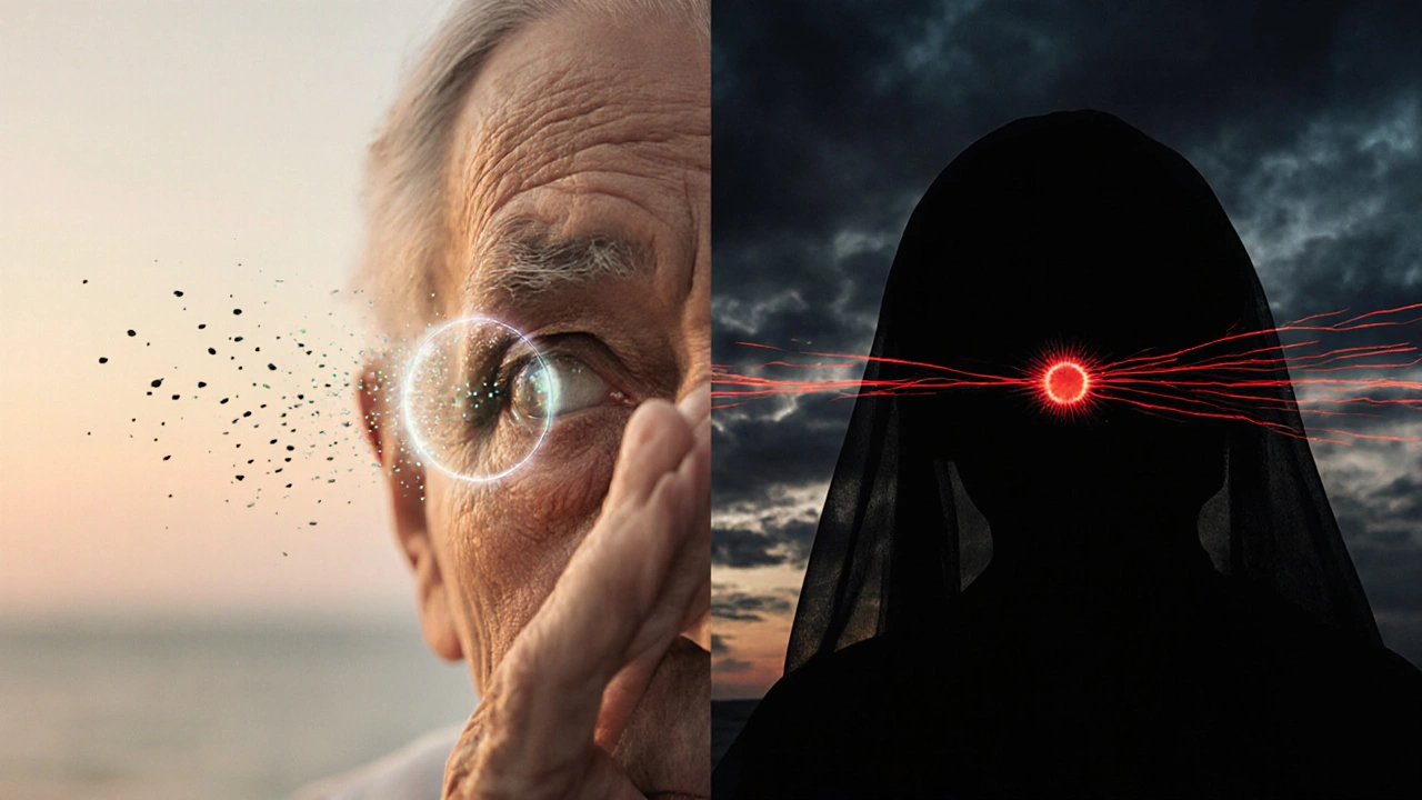 Potilas kääntää silmäänsä, samalla kun tumma varjo levittyy näkökenttään.