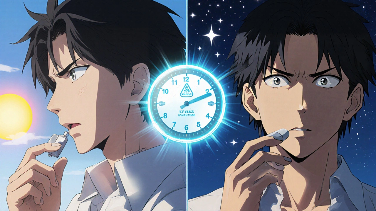 Potilas ottaa lääkkeen aamulla ja illalla, ajanvälit merkittyinä valaistulla kelloilla.