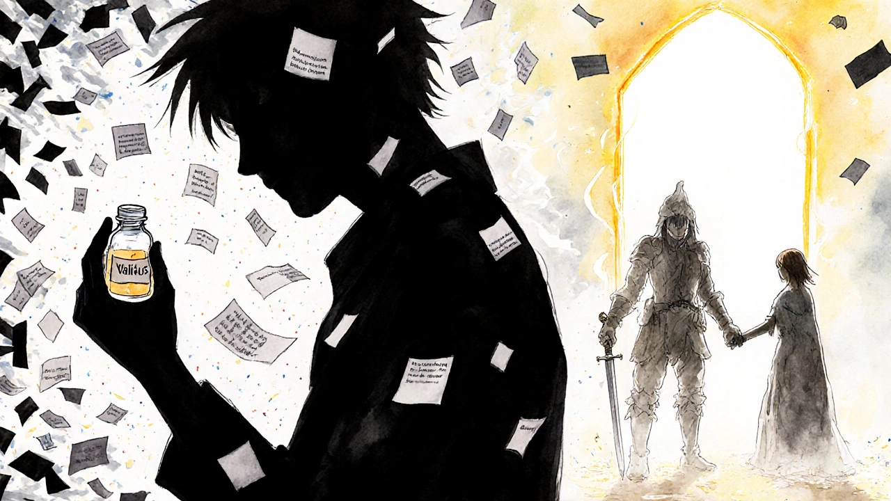 Potilas pitää lääkettä, kun sen ympärillä kiertävät hyväksymisasiakirjat ja varjo muuttuu sotilaaksi.