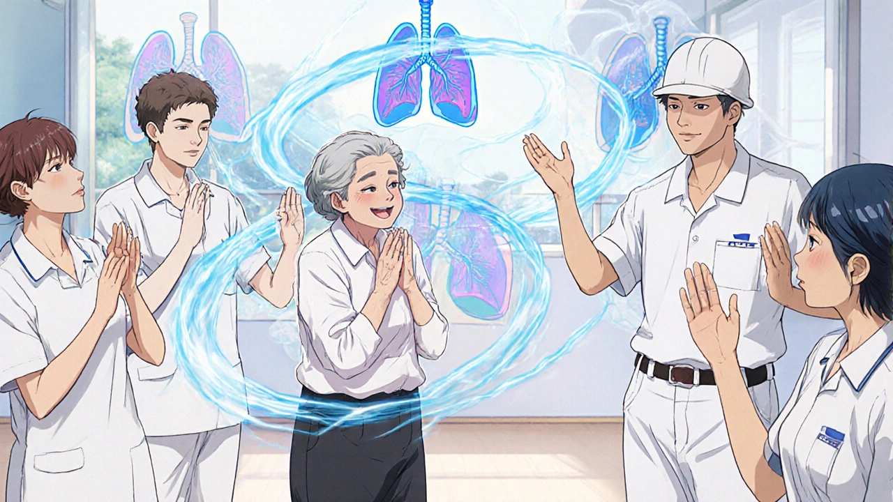 Ryhmä tekee keuhkorehabilitaatiota valoisassa tilassa.