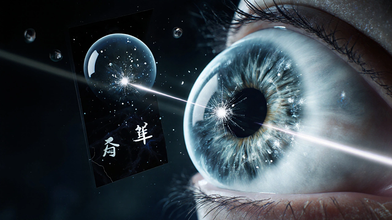 Silmän sisäinen geeli ja laser hoitaa floateria, OCT-tarkastus näkyy taustalla.