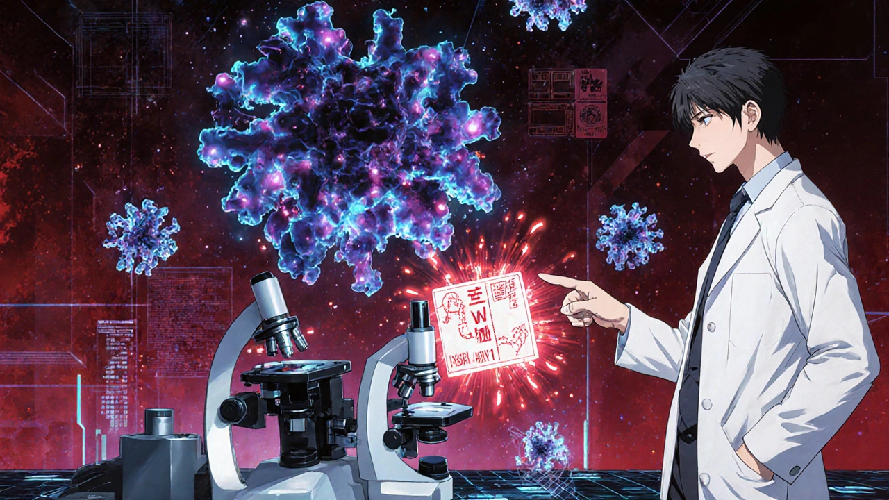 Tieteilijät tarkastelevat holografisia proteiinimolekyylejä laboratoriossa, joissa valo säteilee molekyylien ympärillä.