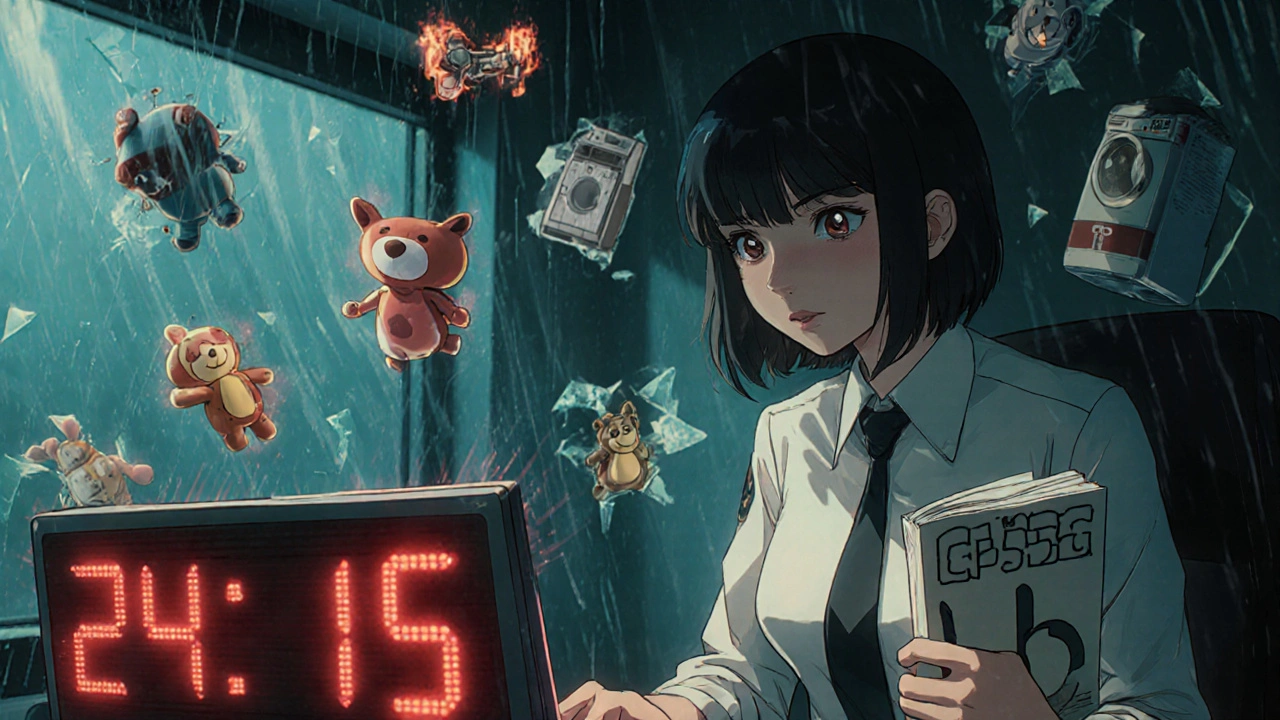 Työntekijä kirjoittaa raporttia CPSC-portaaliin, jossa näkyy 24-tunnin laskuri ja viallisia tuotteita.