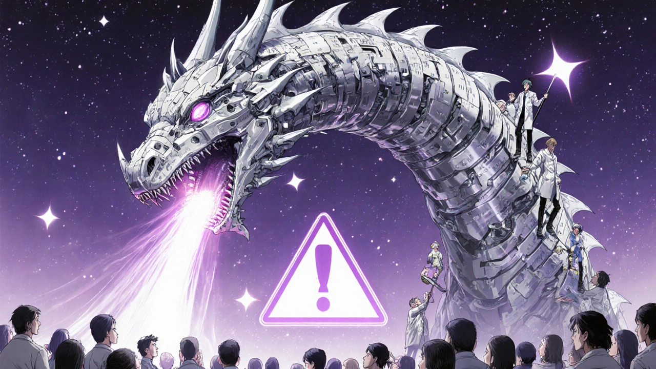 Valtava data-draakko lähettää raportteja taivaaseen, kun insinöörit kiipeävät sen selkään.