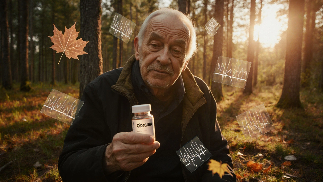 Vanha mies metsässä, Cipramil-pullot kädessä, sydämen tahtia näyttävät lehdet.
