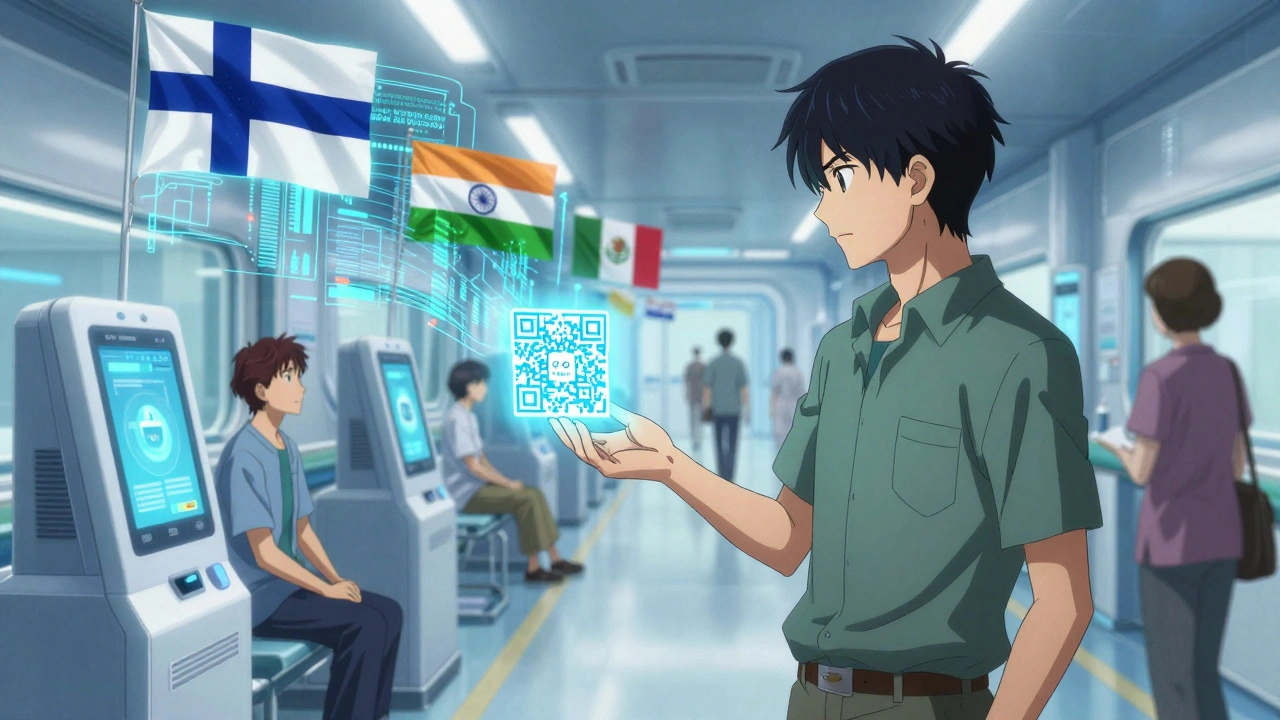 Futuristinen sairaala näyttää potilaan saavan digitaalisen terveyskansion, jossa on lääkkeitä ja hoitoja suomeksi ja englanniksi.