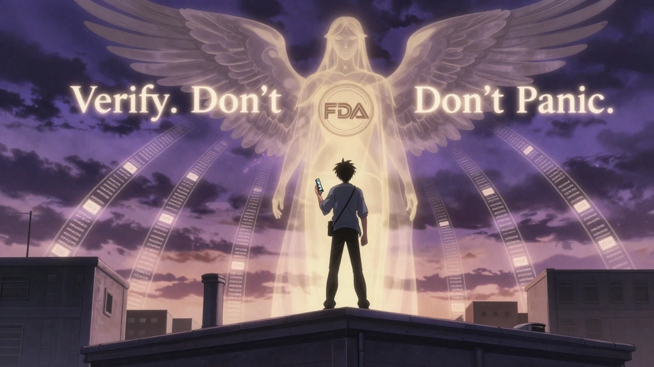 Henkilö katsoo fake-muistutusta puhelimessa, kun FDA:n symboli nousee taustalla valoisana.