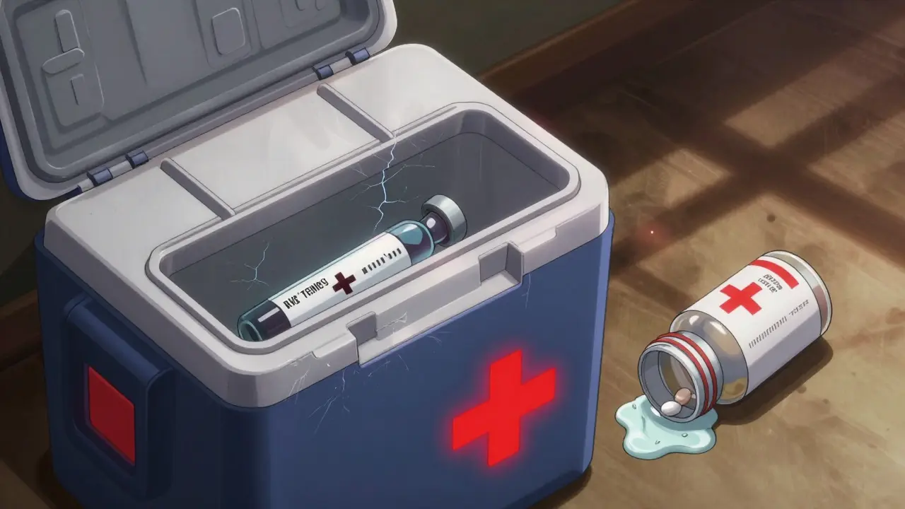 Insuliinipullo akkukylmälaitteessa, joka suojaa lääkettä sähkökatkon aikana, kun taas muut lääkkeet hajoavat lämpöön.