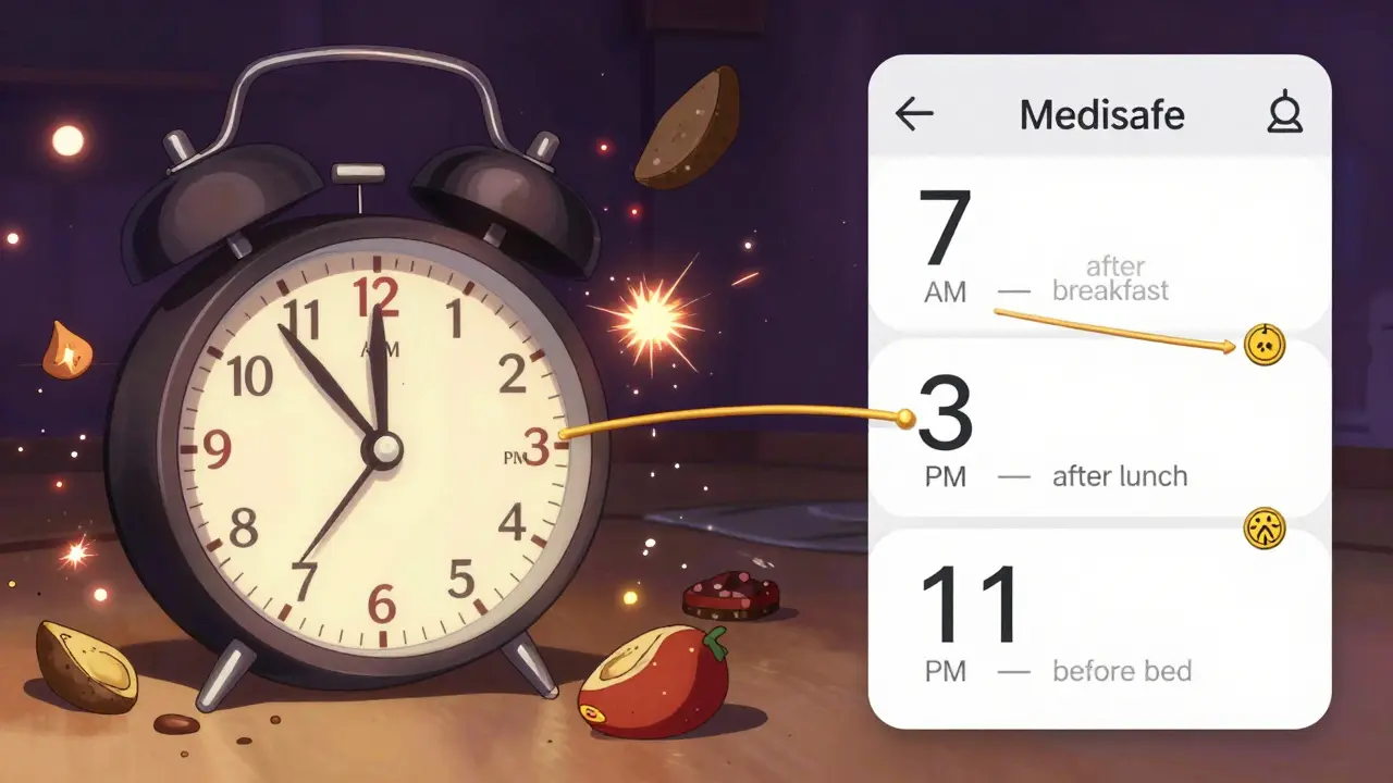 Kaksi näkymää: hämärä kello ja tarkka lääkemuistutussovellus, jotka esittävät eri aikataulut.