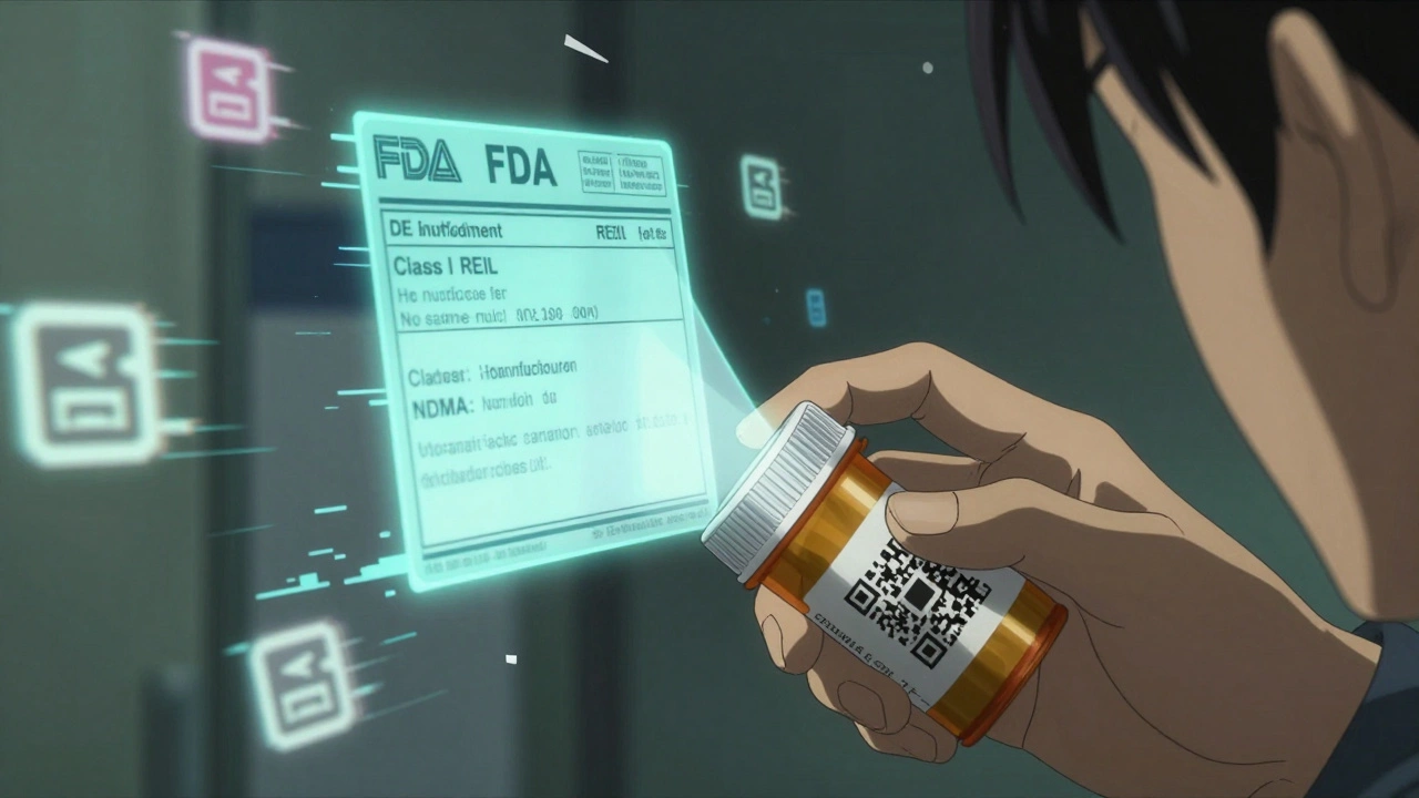 Käsi skannaa reseptipullon QR-koodin, joka projisoi FDA:n palautustiedot hologrammina.