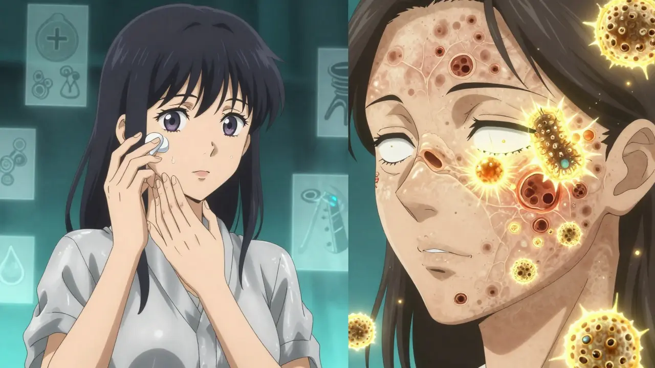 Käsien kautta päälle laitettu retinoidi aiheuttaa ihon solujen uudistumista, bakteerit muuttuvat kultaistiksi hiukkasiksi.