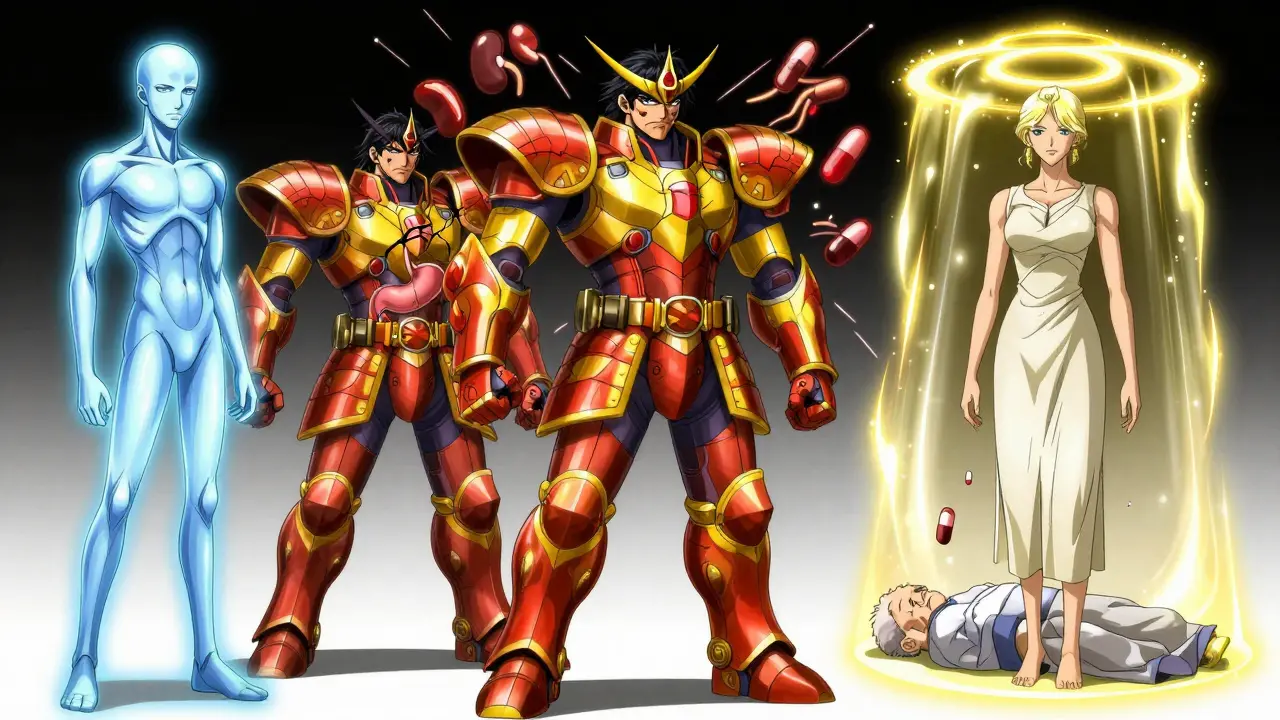 Kolme symbolista hahmoa edustavat goutin hoitomuotoja: colchiciini, NSAID:t ja steroidit, eri auroineen.