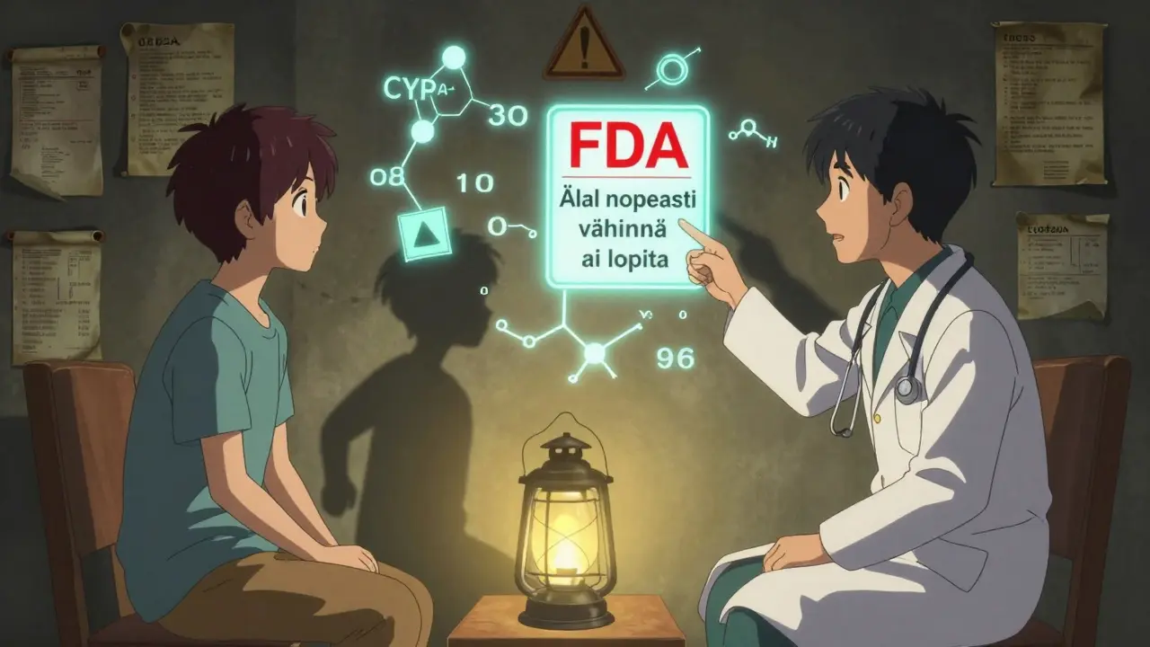 Lääkäri ja potilas keskustelevat, kun ilmestyy valoisa FDA-varoitus, jonka symbolit leijuvat ilmassa.