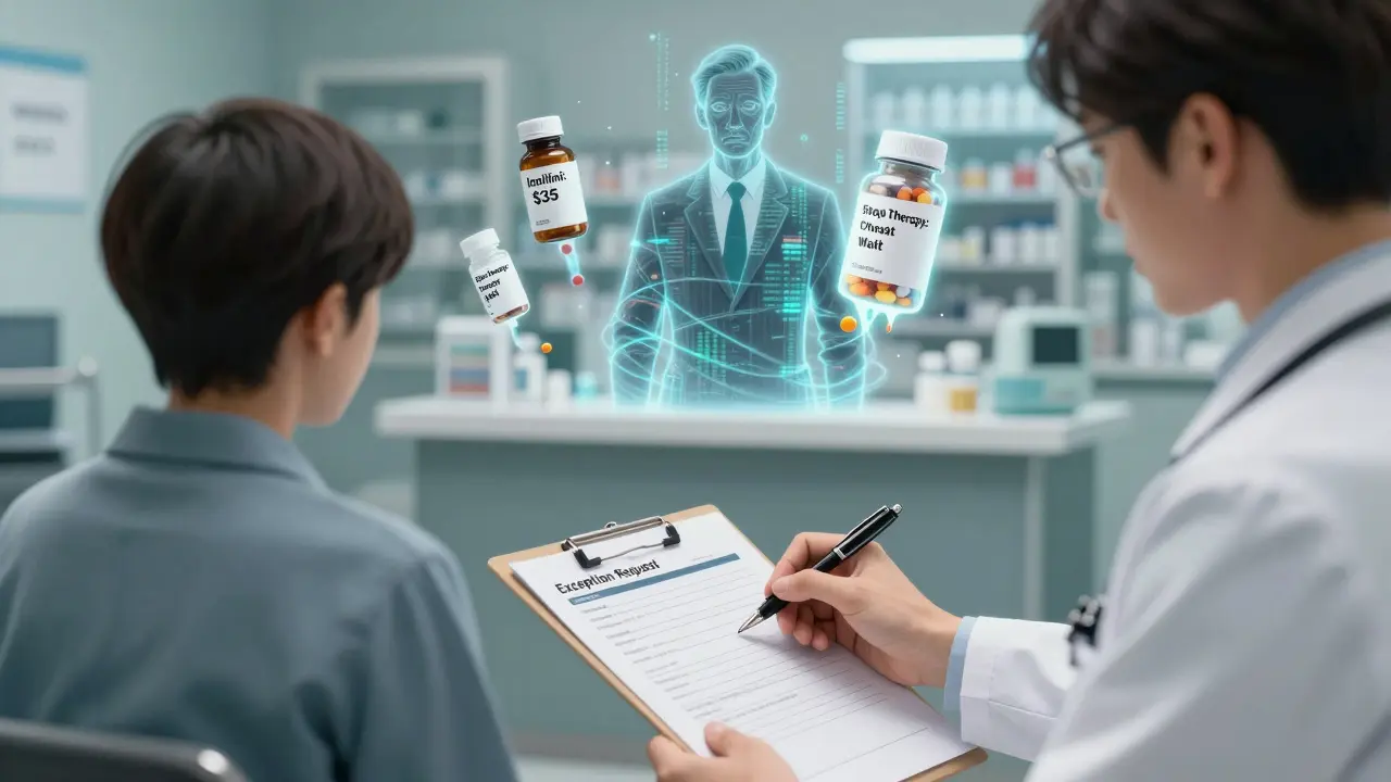 Lääkäri täyttää poikkeuspyyntöä, taustalla ilmenee 2025:n muutokset lääkekattauksessa.