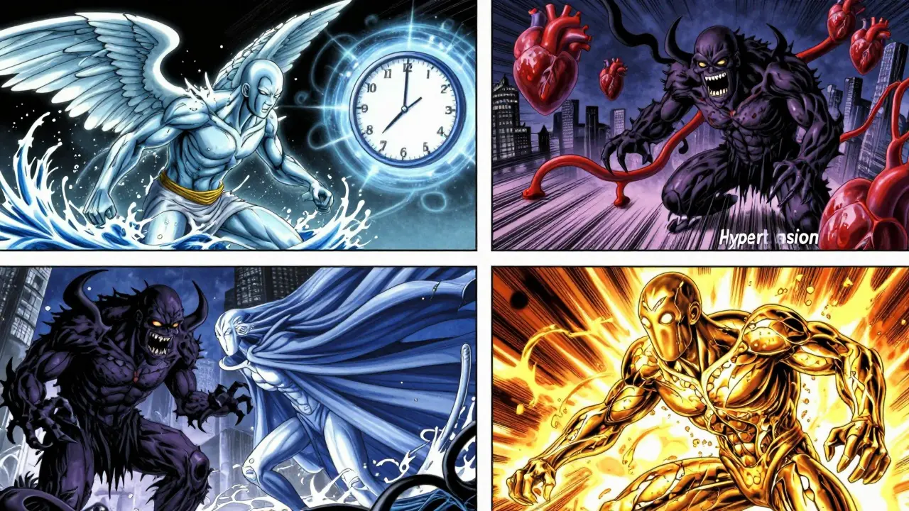 Neljä lääkettä taistelevat verenpaineen varjoja verisuonien kaupungissa.