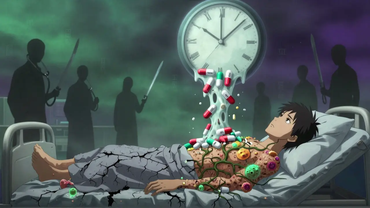 Patient with bacterial vines spreading on skin, melting clock made of antibiotic pills above.