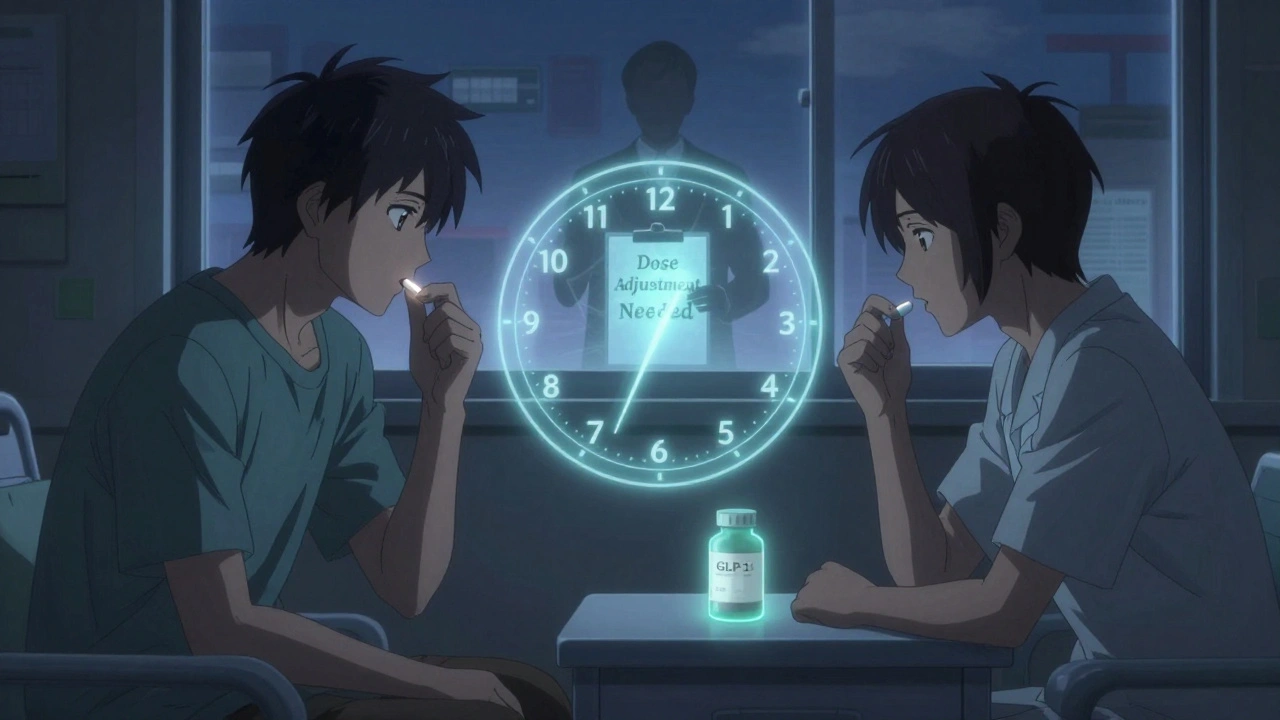 Potilas ottaa masennuslääkkeen illalla, erottaen sen aamuisesta GLP-1-lääkkeestä kahdella tunnilla.